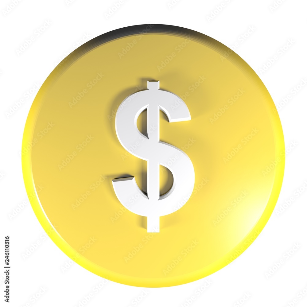 Yellow circle push button Dollar currency symbol - 3D rendering illustration Yellow circle push button Dollar currency symbol - 3D rendering illustration