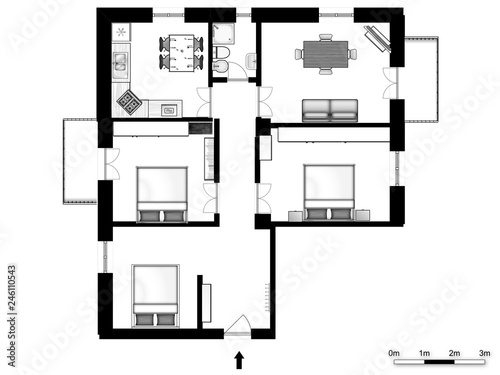 2d floor plan. Black&white floor plan.