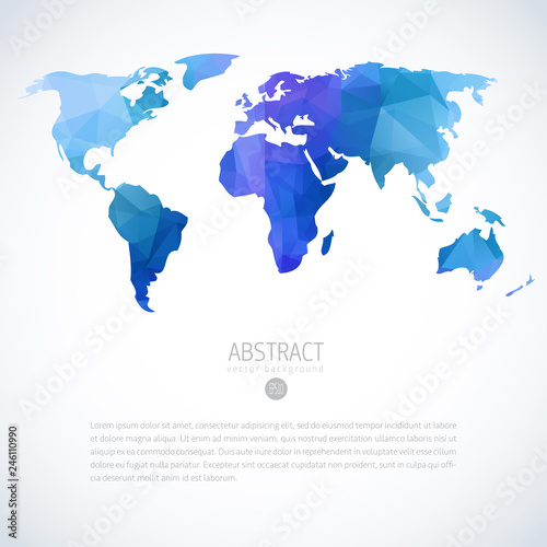 Blue vector global world map with modern triangle pattern. Iinfographics template on isolated white background