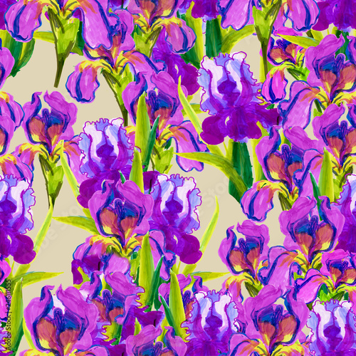 Fototapeta Naklejka Na Ścianę i Meble -  Seamless pattern pink irises on a white blue-purple background