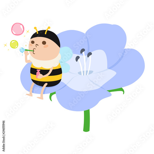 みつばちのキャラクター。ミツバチが花びらの上でシャボン玉を作っているイラスト。
