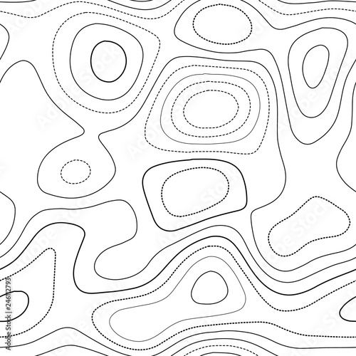 Amazing topography. Admirable topography map. Black and white seamless design, enchanting tileable isolines pattern. Vector illustration.