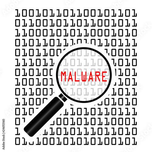 Vector illustration of binary code with malicious software code known as malware and magnifying lens on white background. Computer security concept.