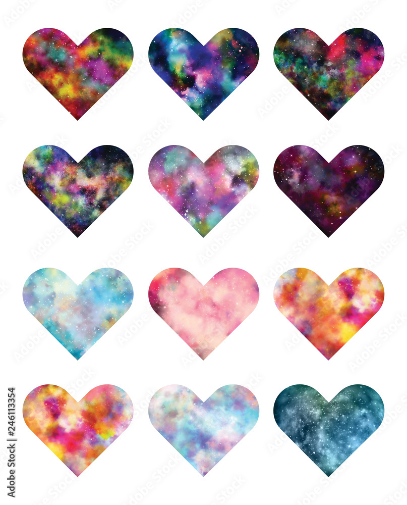 Set of heart shape with star field in galaxy space and nebula, abstract watercolor digital art painting for love valentine background