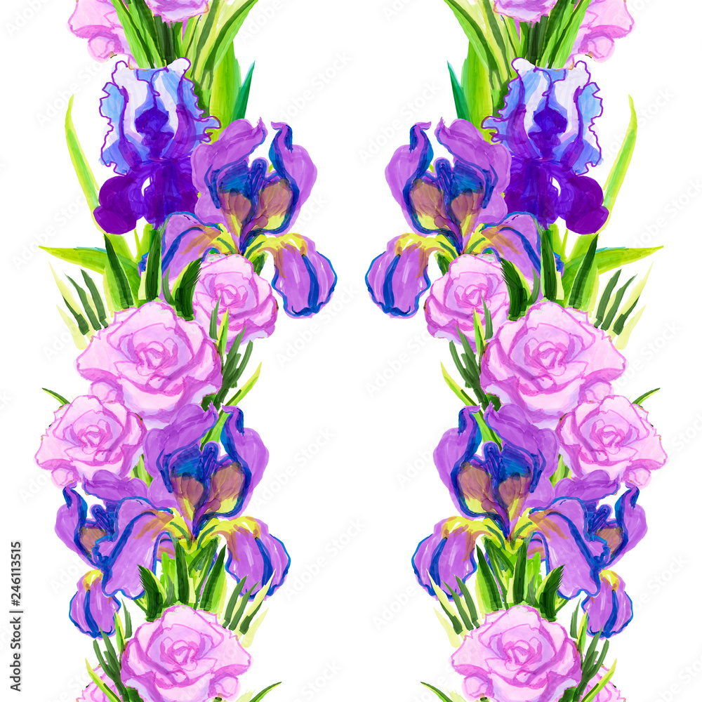 Seamless pattern pink irises on a white blue-purple background Seamless pattern pink irises on a white blue-purple background