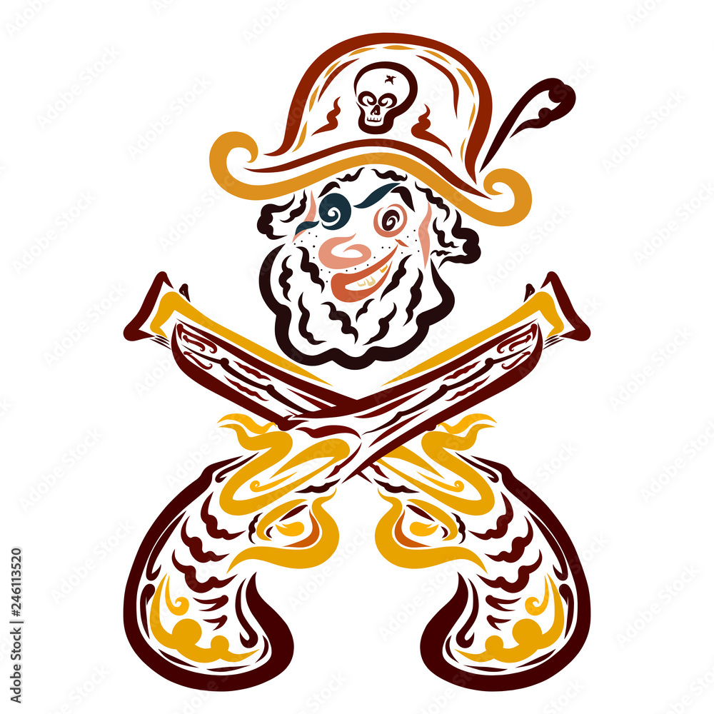 Bearded pirate with one eye and two crossed pistols