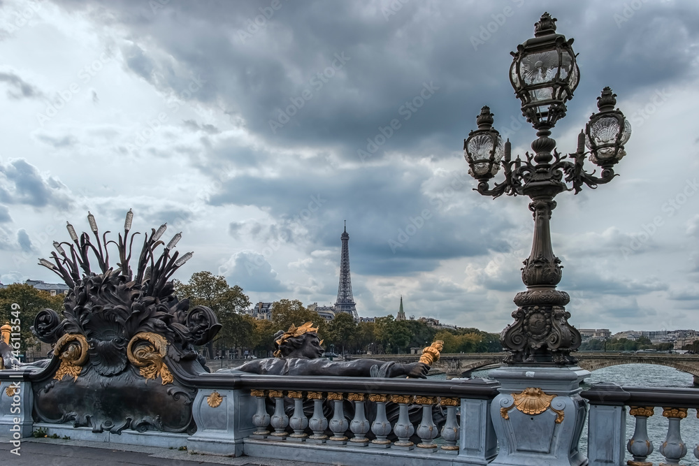 Eiffel tower viewed from Alexandre III bridge in Paris