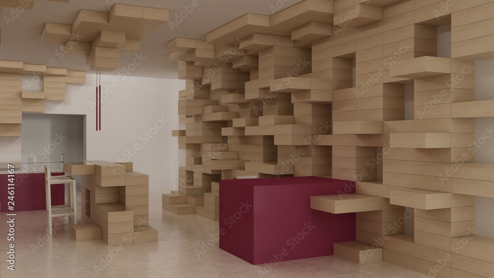 Interior of modern generic store, design template, commercial space, wooden exposition, minimalist architecture with marble floor and purple colored details Interior of modern generic store, design template, commercial space, wooden exposition, minimalist architecture with marble floor and purple colored details
