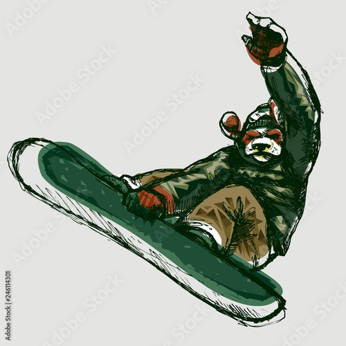 Dog snowboarder jumping