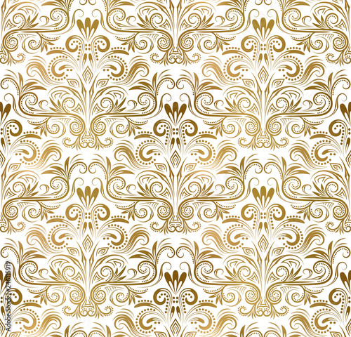 Golden white vintage seamless pattern. Gold royal classic baroque wallpaper. Arabic background ornament.