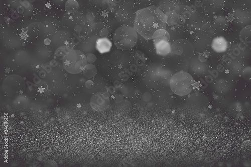 nice glossy glitter lights defocused bokeh abstract background and falling snow flakes fly, festival mockup texture with blank space for your content