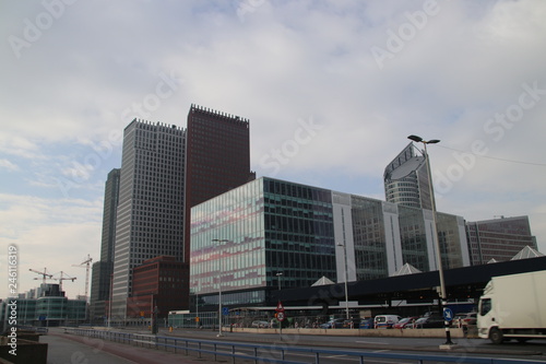 busplatform with office skyline and Metro station on Den Haag centraal station in the Netherlands