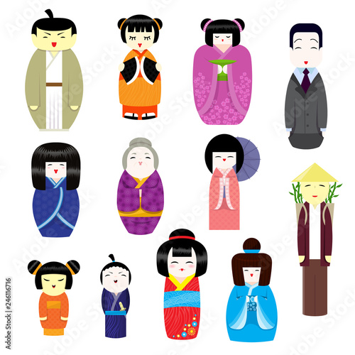 Japanese Kokeshi Dolls vector beautiful girl character geisha in female traditional kimono illustration set of businessman toy and old man kawaii isolated on white background