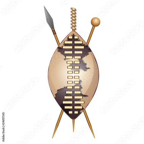 Zulu shield, ethnic african weapon, club and spear