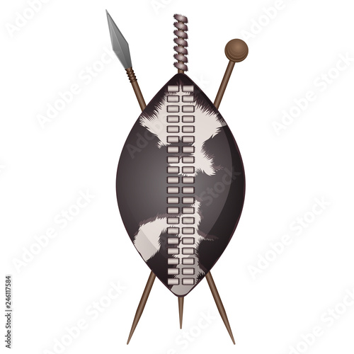 Zulu shield, ethnic african weapon, club and spear photo