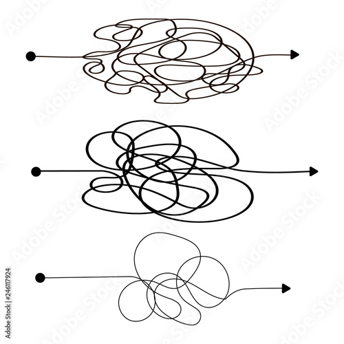 Insane messy line. Complicated clew way. Tangled scribble vector path. Chaotic difficult process. Vector illustration.