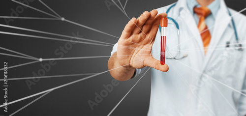 Medicine And Health Care Concept. Doctor Holds Test Tube In His Hand Share Results With Network. Healthcare Medicine Concept