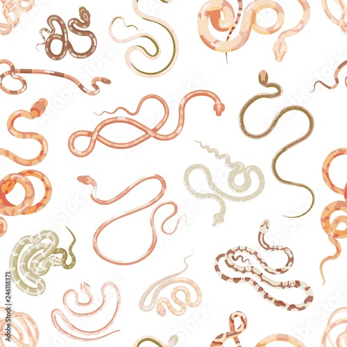 Elegant seamless pattern with snakes on white background. Backdrop with exoti...