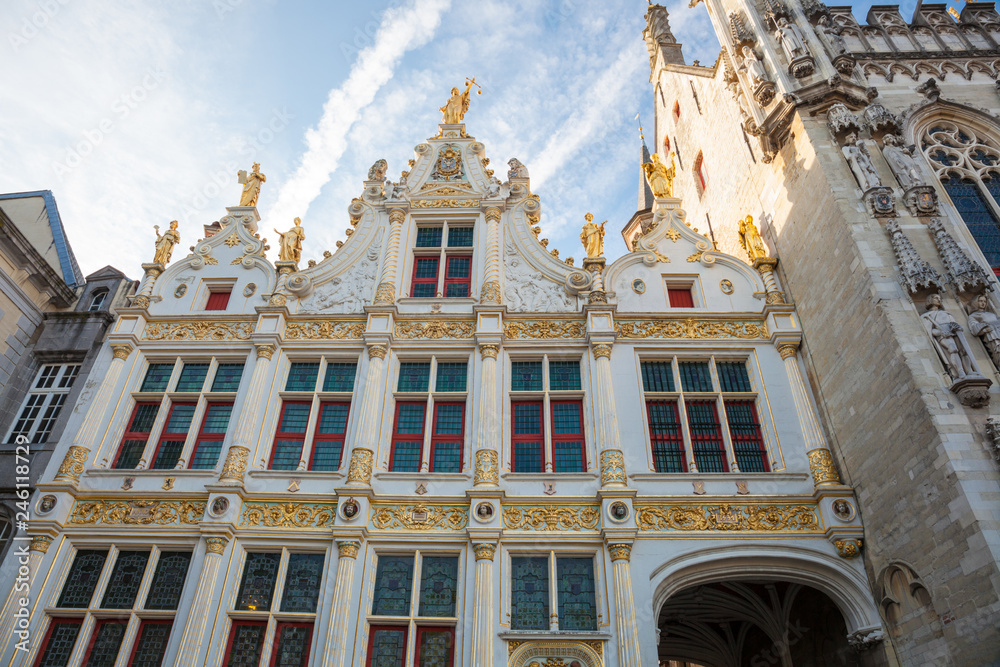 Facade of the Old Civil Registry in Renaissance style in the Burg square in the city of Bruges (Brugge), Belgium