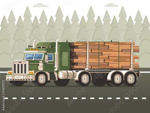 Logging truck or timber lorry with dolly trailer carrying logs on road with forest background. Wood harvesting industry transport on highway in flat design. Lumber delivery concept illustration.