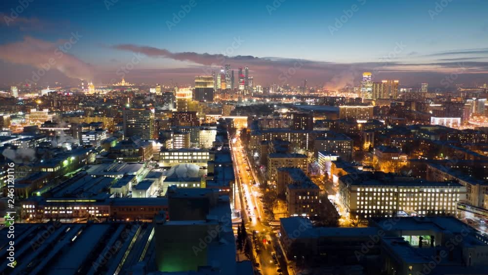 Amazing motion timelapse of Moscow city center on the night, view from above. Aerial shot of busy highways with a lot of traffic and glittering buildings lights. 8K ultra high definition footage. Amazing motion timelapse of Moscow city center on the night, view from above. Aerial shot of busy highways with a lot of traffic and glittering buildings lights. 8K ultra high definition footage.