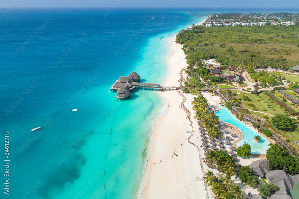 aerial view to paradise beach on Zanzibar  - obrazy, fototapety, plakaty 