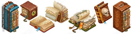 Set isometric old books of magic spells and witchcraft with torn pages for computer game in cartoon style. Leather binders decorated belt. 3d isolated vector illustration.