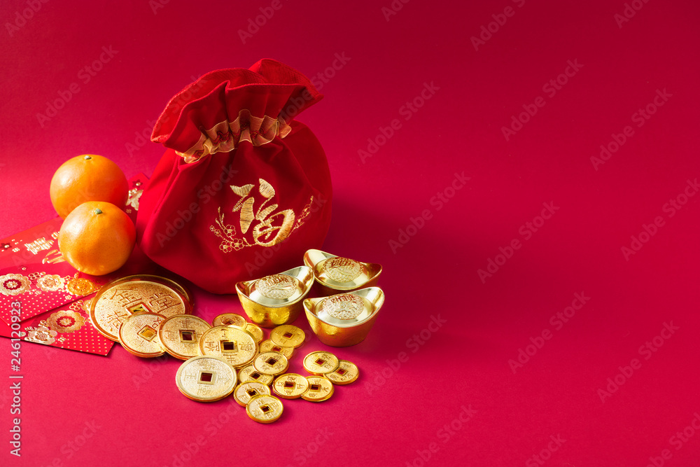 Chinese new year decorations, money bag, Orange, Gold Coins with character meaning, good luck, riches, healthy, honour, happiness on red background