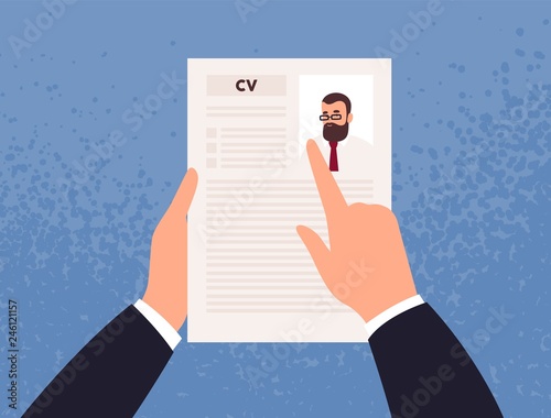 Hands holding CV or Curriculum Vitae of candidate or applicant. Concept of job application, choice of worker, staff recruitment, HR or employee hiring. Vector illustration in flat cartoon style.