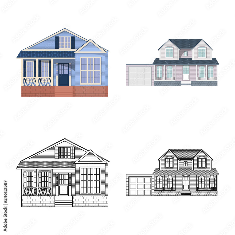 Isolated object of building and front sign. Set of building and roof stock vector illustration.