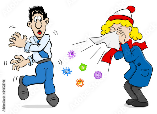 sneezing woman with germs