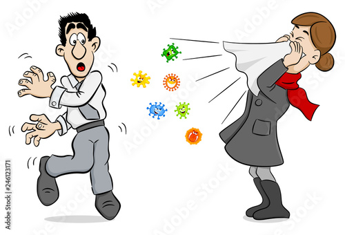 sneezing woman with germs
