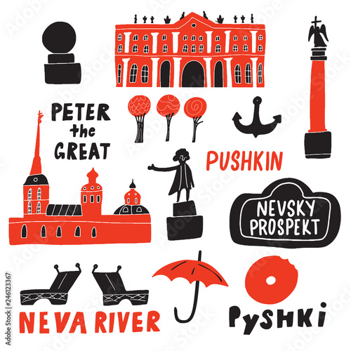 Saint-Petersburg. Funny hand drawn illustration of different landmarks and symbols . Sketch. Vector.