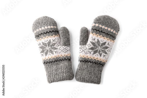 Warm mittens isolated on white background. photo