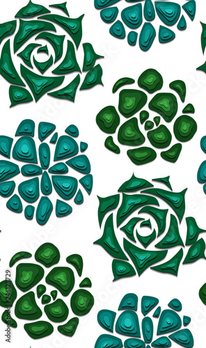 Seamless texture with succulents cut out of paper in green color with a top view on white background. Vector pattern for fabrics, wallpaper and for your design
