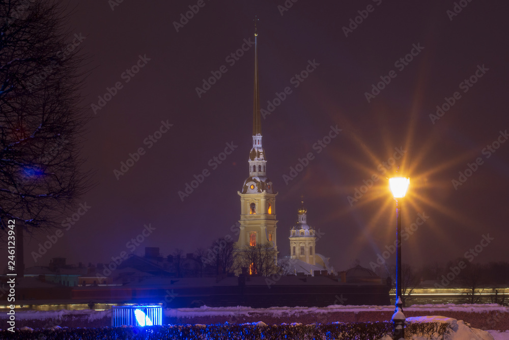 Fototapeta premium Photo of the Peter and Paul Fortress and the Cathedral in the winter, in St. Petersburg.
