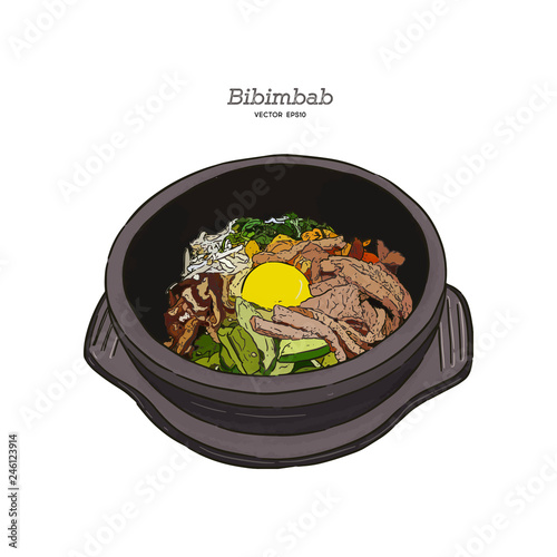 Korean food, Mixed Rice Bibimbab, hand draw sketch vector.