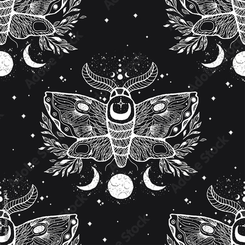 Vector seamless pattern with moth butterfly.Hand-draw illustration. Design tattoo art. With mystic and occult hand drawn symbols.