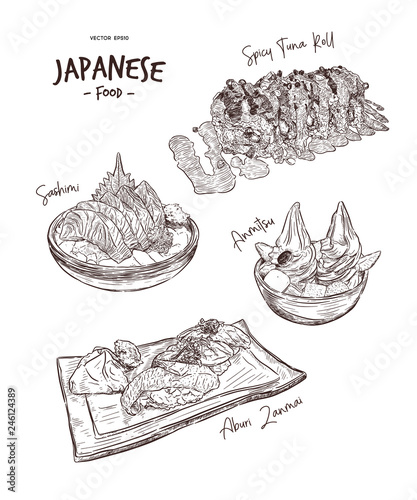 Set of Japanese food, Hand draw sketch vector.