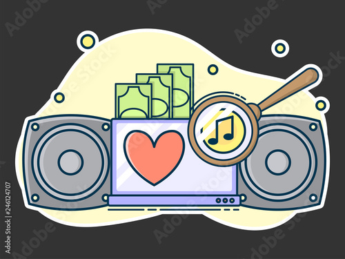 Magnifying lens on screen, search music concept