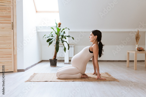 Pregnant woman stretching and training at home. Expectant female makes yoga exercise, healthy pregnancy concept