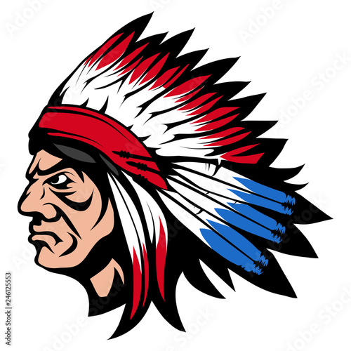 indian chief, isolated on white background, colour illustration, suitable as logo or team mascot. American Indian Chief, vector graphics to design