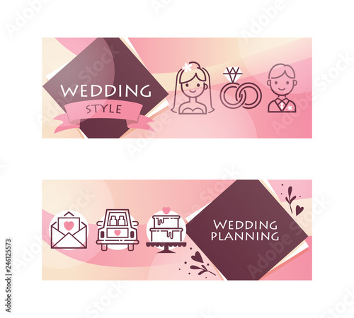 Wedding day party for just married couple horizontal banners set vector illustration. Wedding planning and style with Bride and groom ring, car just married, cake, romantic letter.