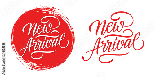 New Arrival handwritten inscription with red circle brush stroke background. Creative typography for fashion, seasonal shopping, business, promotion and advertising. Vector illustration. 