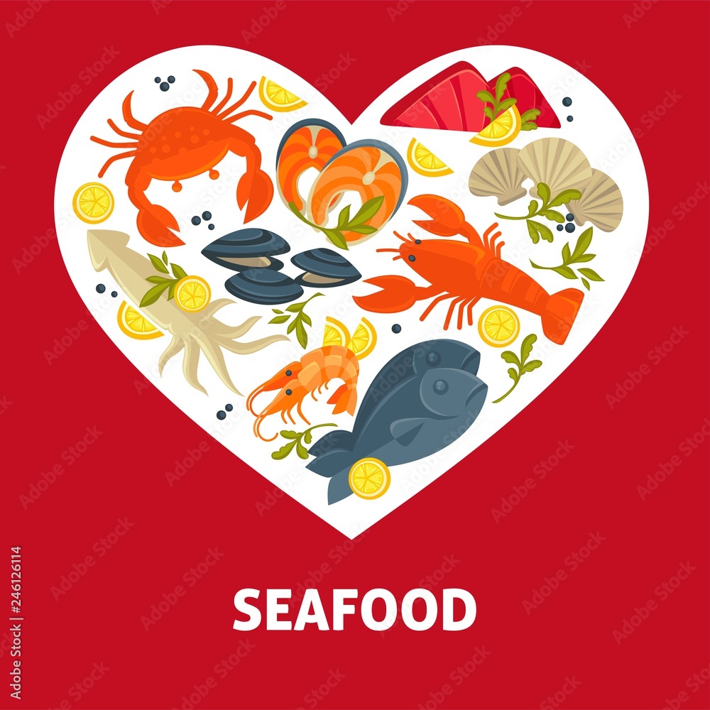 Fototapeta premium Seafood menu fish and lobster or crab and oysters