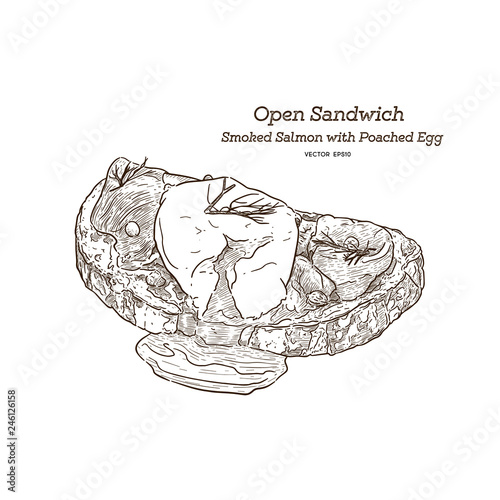 Smoke salmon with poached egg sandwich, hand draw sketch vector.