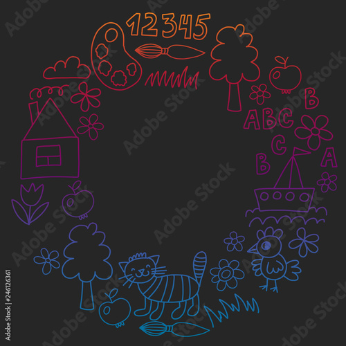 Kindergarten pattern, drawn kids garden elements pattern, doodle drawing, vector illustration, colorful, black, gradient.