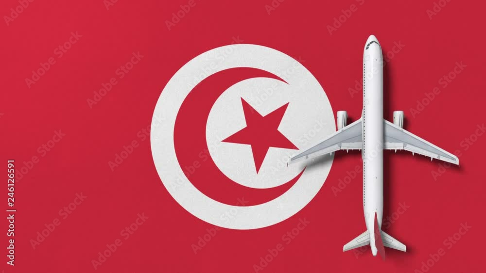 Top-down view of the airplane on the flag of Tunisia. Tourism related conceptual 3D animation Top-down view of the airplane on the flag of Tunisia. Tourism related conceptual 3D animation