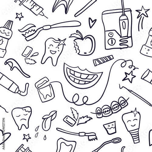 Dental care seamless pattern with handdrawn elements. Stomatology theme. Vector illustration.