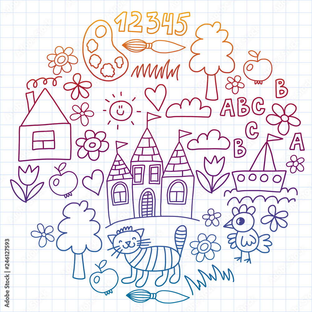 Kindergarten pattern, drawn kids garden elements pattern, doodle drawing, vector illustration, colorful, white, gradient, care